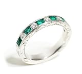 Emerald and Diamond Hand Engraved, Channel Set Half Circle Anniversary Band, 18k White Gold Ring Size 6.5 (T.w 1.20)