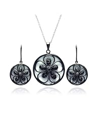 Nickel Free Sterling Silver Pendant & Earring Sets Black Open Flower White Enamel Set
