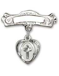 Sterling Silver Baby Badge with Cross Charm and Arched Polished Badge Pin