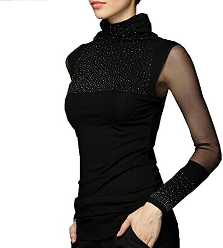 Hellojuncao Women Sexy Black Turtleneck Diamond Stud Long Blouse Mesh Slim Tops