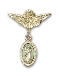 Gold Filled Baby Badge with Blue St. Christopher Charm and Angel with Wings Badge Pin