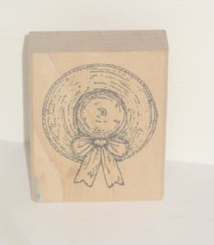 Stampworks 1996 Rubber Stamp with Wood Base - Straw Sun hat with Bow 2.5"