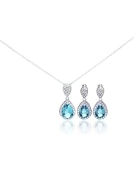 Nickel Free Sterling Silver Pendant & Earring Sets Blue And Clear CZ Tear Drop Set