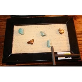 Japanese Style Zen Garden with Rocks, Sand, Wooden Tray, Tools and Meditation Booklet.