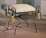 Upholstered Vanity Bench with Tasseled Corners in Black and Pewter Finish