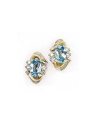 14K Yellow Gold Oval Blue Topaz and Diamond Earrings