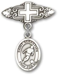Sterling Silver Baby Badge with St. Sebastian/Soccer Charm and Badge Pin with Cross