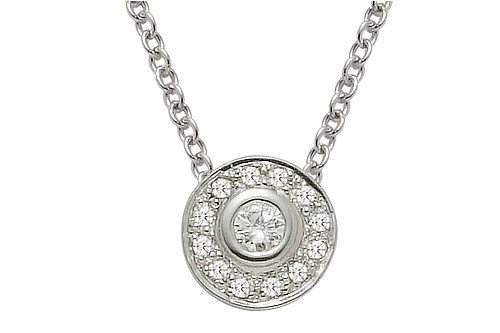 14K White Gold Round-Shaped Solitaire Pendant, Enhanced with Bezel and Pave Set Diamonds, Sliding on a 16 Cable-Chain Necklace. ( 0.20 c.t.t.w., GH-Color; SI-Clarity ).
