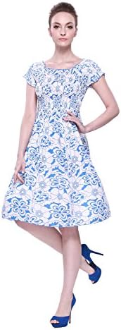 Women's Hawaiian Elastic Top Short Sleeve Dress in White with Blue Floral
