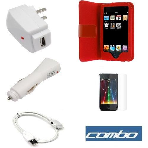 Premium Red Folio Wallet Leather Case + Premium Clear Durable Reusable LCD Screen Protector + USB Data Cable + USB Car Charger + USB Home Travel Charger for Apple Ipod Touch Itouch 8Gb 16GB 32Gb 2G 2nd Generation