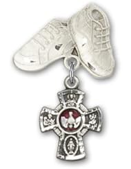 Sterling Silver Baby Badge with Red 5-Way Charm and Baby Boots Pin