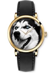 SPRAWL Aanalog Fashion Series Gold Ladies Watches of Genuine Black Leather Strap,Unique Wrist Watch for Women Girls Designed with Wolf Face