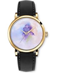SPRAWL Aanalog Fashion Series Gold Ladies Watches of Genuine Black Leather Strap,Unique Wrist Watch for Women Girls Designed with Opaque purple flower background