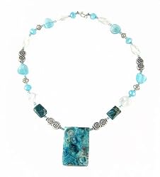 Necklace - N16 - Genuine Chrysocolla Pendant and Beads, Glass and Fire-Polished Beads and Pewter Beads