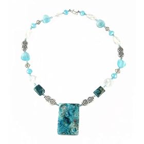 Necklace / Pendant - Genuine Chrysocolla Pendant and Beads, Glass and Fire-Polished Beads... by 