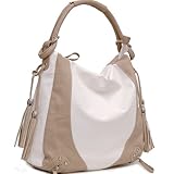 IMAGE OF Designer inspired tassel accented hobo Handbag - White / Tan
