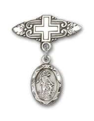 Sterling Silver Baby Badge with Guardian Angel Charm and Badge Pin with Cross