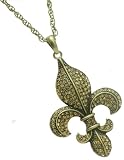 BIG BLING 3" Tall Antique Brass Finished Fleur De Lis Amber Crystal Pendant Necklace - 30" Antique Brass Chain