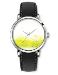 SPRAWL Aanalog Fashion Series Silver Ladies Watches of Genuine Black Leather Strap,Unique Wrist Watch for Women Girls Designed with Garden of yellow flowers