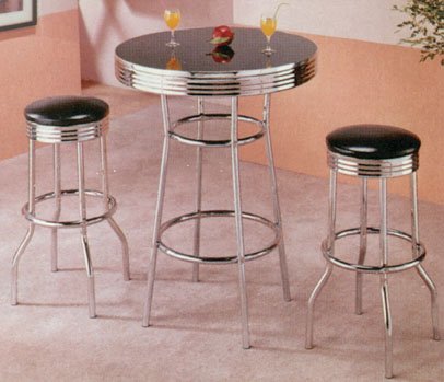 Kitchen: 3 PIECE CHROME RETRO STYLE BAR TABLE SET   Table and 2 Stools