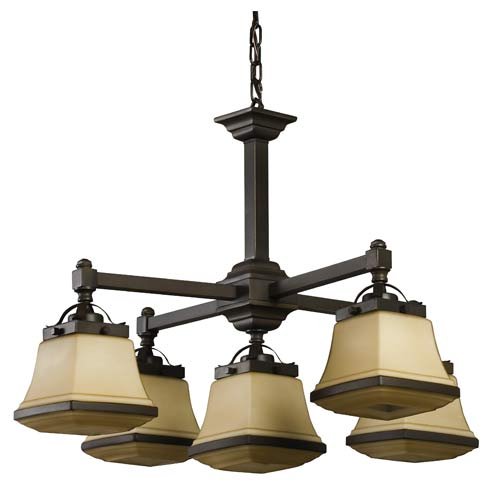 American Fluorescent CHP513RBSCT Chesterfield Hand Blown Rectangular Glass Chandelier, Five Light, Oil Rubbed Bronze