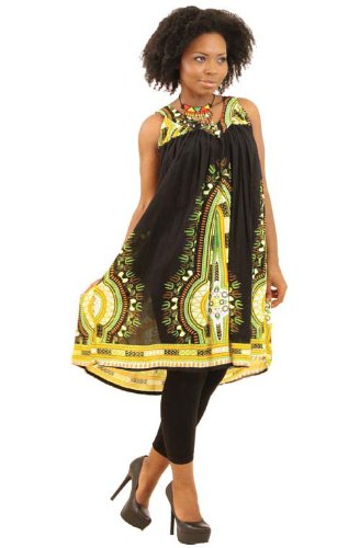 Short Traditional African Dashiki Print Rayon Sundress Sun Dress - Available in Many Colors (Black)