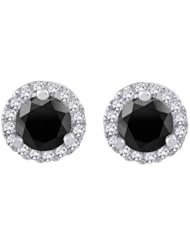 Center Black and White Diamond Halo Earrings in Sterling Silver (1/2 cttw)