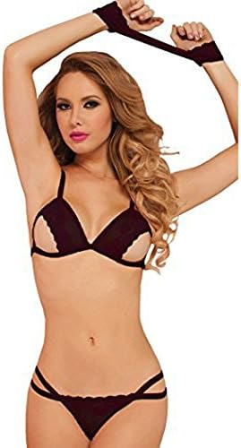 Cupless Crotchless Lingerie Set Open Cup Bikini with Bandage Wristbands Black