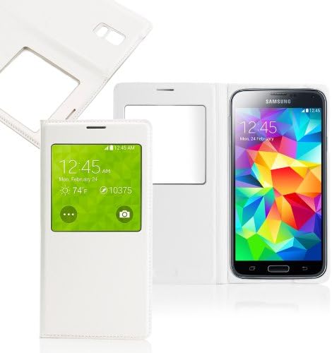 GEARONIC TM For Samsung Galaxy S5 i9600 PU Leather Slim Ultra Thin S VIEW Flip Case Battery Cover - White