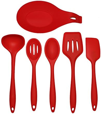 Cooking Utensils for Nonstick Pans - 6-Piece Set Includes Cookie Turner, Ladle, Spoon, Slotted Spoon, Baking Spatula and Spoon Rest - Made of Red Silicone with Nylon Core- by Horizon Home Products