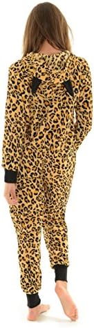 Womens One Piece Pajamas Leopard Print Hooded Onesie Ears Zip Up Fleece Pj Sizes: Small