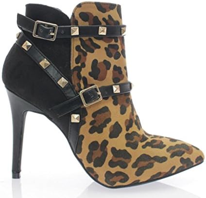 Faux Suede Leatherette Buckle Studs Pointy Toe Strappy Studded Stiletto Ankle Bootie BKLeo 5.5