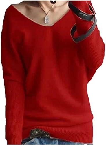FTSUCQ Womens V Neck Pullover Long Sleeve Slim knitted Sweater Shirt Red Knitwear,S