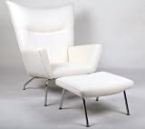 Hans J Wegner Style Wing Chair & Ottoman, White Boucle Danish Wool