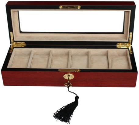 Wood Watch Storage Box Display Case Organizer with Lock and Key, 6 Watches, Cherry Wood