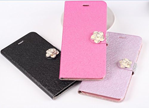 Flip Cover Wallet Case (for iPhone 6): Light Blue Silky Case with White Magnetic Glittering Camelia Closure Button- Light Blue