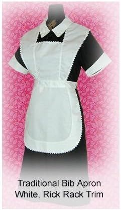 Full Bib Apron with Rick Rack Trim - Rounded, for Housekeeping Maid or Waitress Uniform