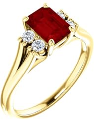 10K Yellow Gold 7.00x5.00mm Emerald Cut Chatham Created Ruby and Diamond Ring -- LIFETIME WARRANTY