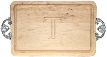 CHUBBCO 200-CL-T Thick Bar/Cheese Board with Classic Cast Aluminum Handle, 9-Inch by 12-Inch by 3/4-Inch, Monogrammed "T", Maple