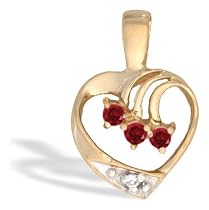 14K Yellow Gold Genuine Round Ruby and Diamond Heart Pendant