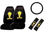 5-Piece Tweety Bird with Attitude Auto Interior Gift Set- A Set of 2 Universal Fit Seat Covers, 1 Steering Wheel Cover, and 2 Shoulder Pads