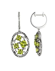 14K White Gold 3.67ct Diamond & Cushion Green Peridot Gemstone Dangle Earrings