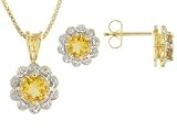 18KT OVER STERLING SILVER 1.50CTW CITRINE AND DIAMOND ACCENT EARRINGS PENDANT WITH CHAIN SET