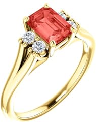 14K Yellow Gold 7.00x5.00mm Emerald Cut Chatham Created Padparadscha Sapphire and Diamond Ring -- LIFETIME WARRANTY