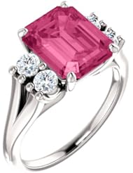 18K White Gold 10.00x8.00mm Emerald Cut Pink Tourmaline and Diamond Ring -- LIFETIME WARRANTY