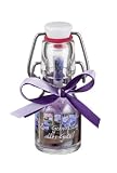 Zum Geburtstag alles Gute! Lavendel: Mini-Flasche mit Keramik-B&uuml;gelverschluss, F&uuml;llung: gerollte Botschaft, vierfarbig. Original Florex-Schafmilchseife: Sorte  Lavendel