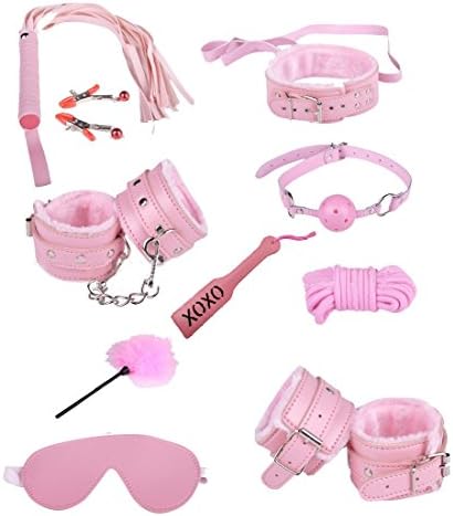 Bondage Kit Fetish Set For Lovers 12 Pcs Set Cuffs Gag Whip Chains - Pink