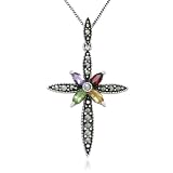 Sterling Silver Marcasite Multi-Gemstone Cross Pendant, 18