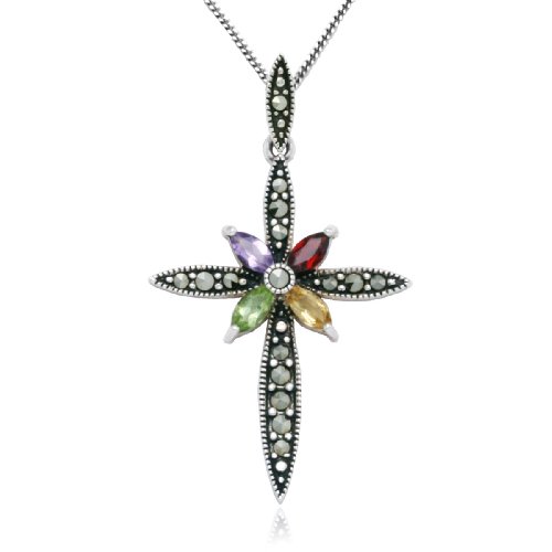 Sterling Silver Marcasite Multi-Gemstone Cross Pendant, 18