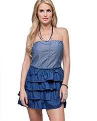 Strapless  Cotton/Denim Two-Toned  Dress With Ruffles